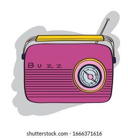 Freehand vintage radios colored illustration. Retro alarm clock clip art. Old style radio vector graphics. Audio sound technology drawing. Portable music media player. Purple and yellow color.