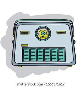 Freehand vintage radios colored illustration. Retro alarm clock clip art. Old style radio vector graphics. Audio sound technology drawing. Portable music media player. Blue, teal and yellow color