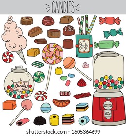 Freehand Vintage Wrap Candies Illustration, Colored Chocolate Caramel And Lollipop Drawing, Cotton Candy, Licorice Jar And Gum Drop Dispenser Machine Sketch, Sweet Confection Food And Holiday Mints