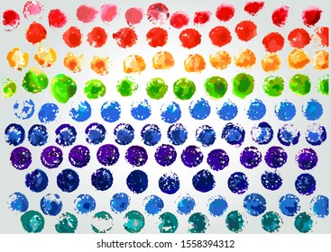 Freehand watercolor drawing using stamp, traced image for the background in the form of small balls of rainbow color.