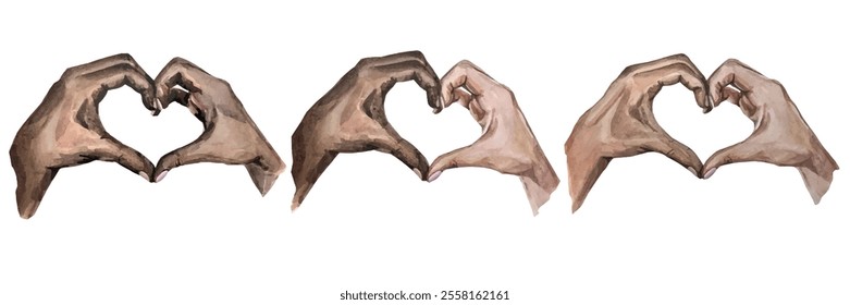 A ilustração em aquarela à mão livre mostra duas mãos formando a forma de um coração, simbolizando o amor e a unidade. Fundo isolado, papel de parede. Coleção Valentines Day