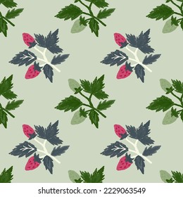 Freehand wild strawberry branch seamless pattern. Hand drawn wild berries floral wallpaper. Strawberry plant endless backdrop. For fabric, textile print, wrapping paper, cover. Vector illustration