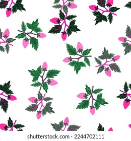 Freehand wild strawberry branch seamless pattern. Hand drawn wild berries floral wallpaper. Strawberry plant endless backdrop. For fabric, textile print, wrapping paper, cover. Vector illustration