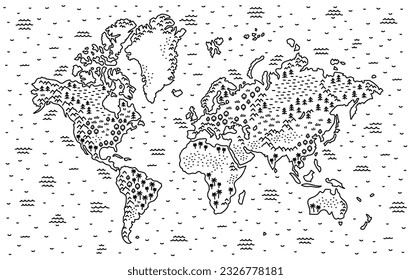 Freehand Weltkarte Skizze. Bearbeitbare Umrisslinie. Vektorlinie.
