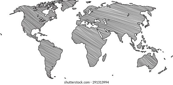 Freehand world map sketch on white background.