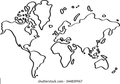 Freehand world map sketch on white background.
