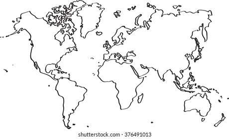 Freehand world map sketch on white background.