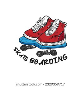 Un par de zapatos y patineta dibujados a mano libre. Ilustración del concepto de ilustración de skateboarding vectorial.