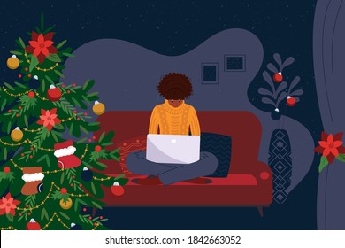 Freelance African american girl sitting on the couch and Typing on a Laptop. Room decorated for Christmas and New Year. Vector Illustration