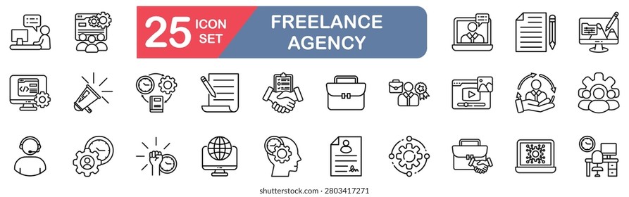 freelance agency set of web icons in line style. vector illustration concept relate to Containing freelancer, remote, outsourcing, gig, project, contract, digitalwork, upwork, fiverr