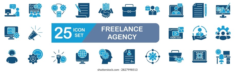 freelance agency web Icon Set in Blue style Flat. vector illustration concept relate to Containing freelancer, remote, outsourcing, gig, project, contract, digitalwork, upwork, fiverr