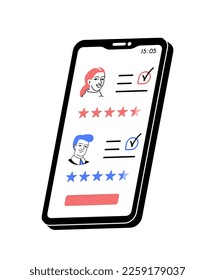 Freelance app for smartphone. Selection of candidates for vacancy or freelancers, ranking and rating. Avatar of man and woman with scale in stars. Cartoon flat vector illustration