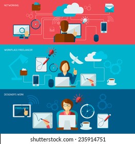Freelance banner set with networking freelancer workplace designer work isolated vector illustration