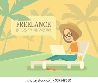 Freelance beach remote working place. Freelance girl on beach. Vector flat illustration