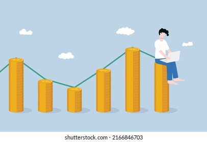 Freelance or being your own boss, flexible working hour, unpredictable income, work from anywhere concept. Relaxed man working with laptop computer on income stack as different from previous one.