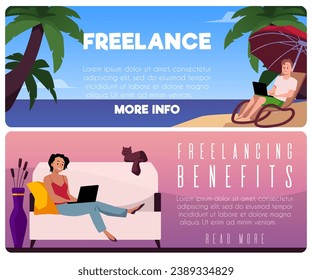 Freelance benefits, remote job vector landing pages set. Cartoon freelancer woman working relaxed at home on laptop, comfortable cozy workplaces with cat. Man working under a palm tree on the beach