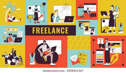 Freelance bento grid illustration set. Photographer female, programmer male, graphic designer 2D vector image collage design graphics collection. Diverse freelancers flat characters moodboard layout