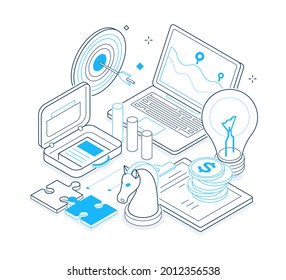 Freelance - Black And Blue Isometric Line Illustration. Remote Collaboration With Office Idea. Typical Workday, Laptop, Target, Earning Money, Lamp, Puzzle, Planning, Documentation, Chess Figure