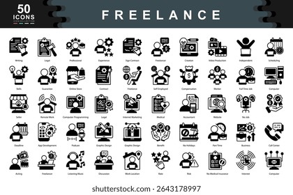 The Freelance black icon set defines key drivers of independent work such as flexibility, skill based income, and contract engagement, ideal for remote platforms, gig economy, and creative industries.
