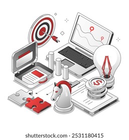 Freelance - black and red isometric line illustration. Remote collaboration with office idea. Typical workday, laptop, target, earning money, lamp, puzzle, planning, documentation, chess figure