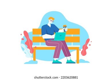 Freelance blue concept with people scene in the flat cartoon design. Man works on a laptop while sitting in a park on a bench and drinking coffee. Vector illustration.