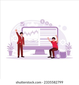 Freelance broker happy and celebrating the sale of rising stocks. Trend Modern vector flat illustration.