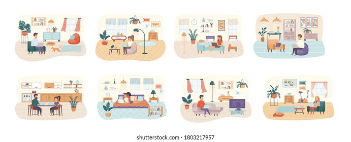 Conjunto independiente de escenas con personajes llanos. Trabajador independiente trabajando con el portátil en situaciones conceptuales en casa. Trabajo a distancia en la oficina del hogar, conveniente ilustración vectorial de dibujos animados en el lugar de trabajo.