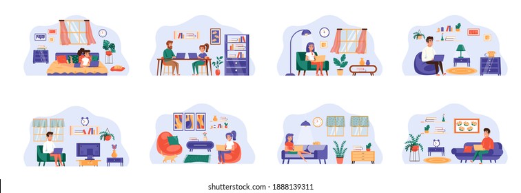 Conjunto independiente de escenas con personajes llanos. Trabajador independiente trabajando con el portátil en situaciones conceptuales en casa. Trabajo a distancia en la oficina del hogar, conveniente ilustración vectorial de dibujos animados en el lugar de trabajo.
