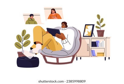 Freelance business in internet. Remote conversation in team. Group of freelancers talk using video conference, online call. Communication by videocall. Flat isolated vector illustration on white