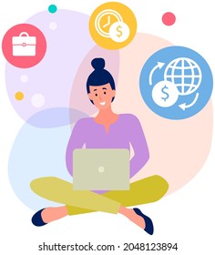 Freelance and business internet transactions. Woman sitting with laptop and transferring funds. Remote work, online home freelancing, banking. Online work, internet surfing with digital technology