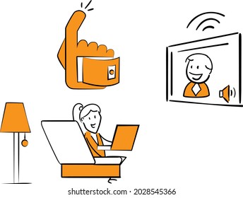 Freelance business people work in comfortable conditions at home office concept. Freelancer working from home workplace. Man and woman self employed concept online call.isolated vector doodle