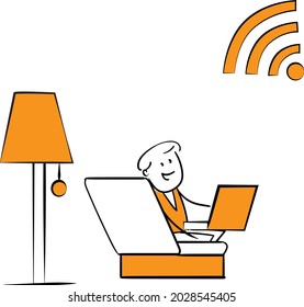 Freelance business people work in comfortable conditions at home office concept. Freelancer working from home workplace. Man and woman self employed concept online call.isolated vector doodle