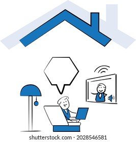 Freelance business people work in comfortable conditions at home office. speech bubble icon. Man and woman self employed concept online call.isolated vector doodle art