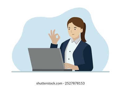 Freelance, empresária, trabalho online, empresária trabalhando usando laptop. Ilustração do vetor comercial.