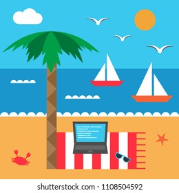 Freelance by the sea. Seashore and beach. Set of elements in flat style. Vector 