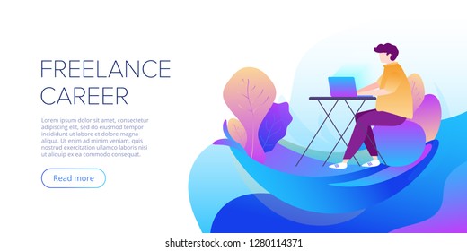 Freelance career abstract vector illustration in flat design. Freelancer working outside on laptop. Creative website layout or landing page template. Web banner concept.