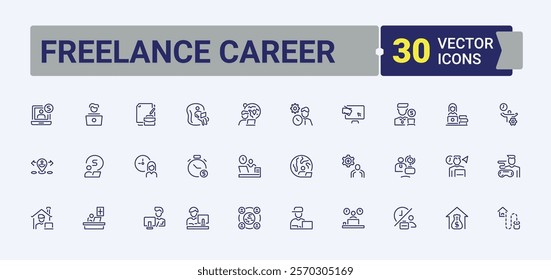 Freelance Career linear icon collection. It contains symbols to conference, work, coworking, job, team, computer and more. Perfect for logos and infographics. Editable stroke.