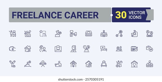 Freelance Career linear icon collection. It contains symbols to conference, work, coworking, job, team, computer and more. Perfect for logos and infographics. Editable stroke.