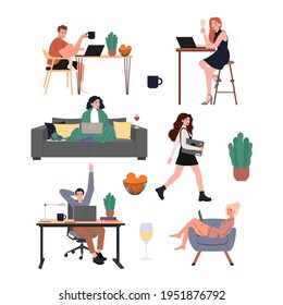 Freelance cartoon characters work in different places. They drink coffee, have breakfast, sit in an armchair and on a sofa. Work at any time of the day and on weekends