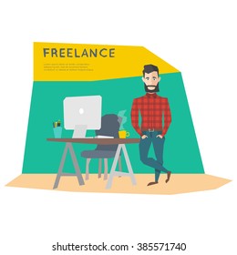 freelance cartoon vector illustration. freelancer character and gear, computer, coffee, pencil, table