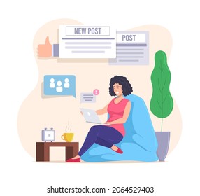 Persona independiente, bloguera. Trabajar en casa. Actividad informativa. Ilustración vectorial.