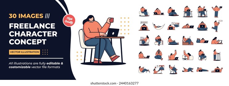 Freelance Character Concept Illustration. Mega Bundle. Collection scenes of freelance, business, laptop, professional, job, worker, remote activity. Vector Illustration