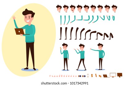Freelance character creation set for animation. Set of guy in casual clothes in various poses. Parts body template. Different emotions, poses and  running, walking, standing, sitting. Vector Illustrat