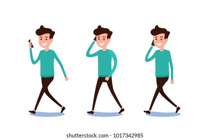 Freelance character Design. Set of guy in casual clothes using smartphone in various poses happy emotional. Different emotions and poses. Cartoon Vector Illustration.