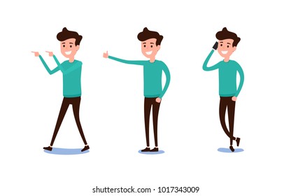 Freelance character Design. Set of guy in casual clothes in various poses happy emotional. Different emotions and poses. Cartoon Vector Illustration.