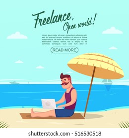 Freelance character icon conceptual composition with hipster character under beach umbrella with laptop read more button vector illustration