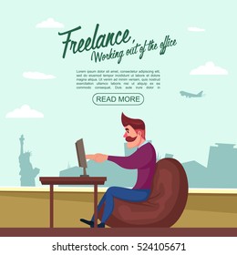 Freelance character icon square concept with hipster at table on beanbag chair with read more button vector illustration