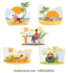 Freelance Character set showing five scenes of people at work on laptops at the seaside, in an office and at home.