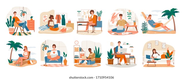 Freelance Character set showing ten scenes of people at work on laptops at the seaside, in an office and at home, vector illustration