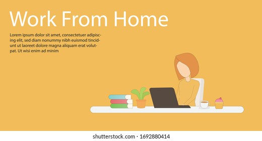 Freelance character use laptop computer work at home,work from home, self employed, home office,There are coffee and sweets to eat during the break,Vector illustration design.